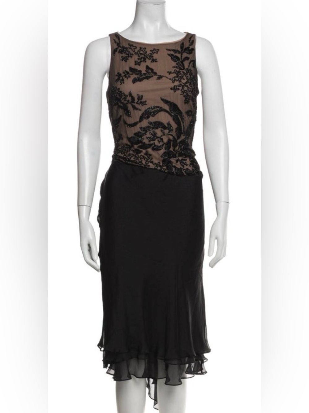 Carmen Marc Valvo beaded silk black and tan evening cocktail dress 2